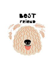 Wall Mural - Vector portrait of Komondor. Cartoon illustration with dog and text 'Best Friend' for print, poster, sticker or card.