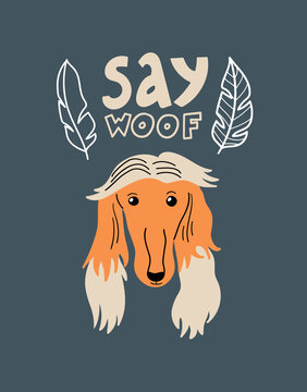 Vector portrait of Borzoi. Cartoon illustration with dog, leaves and lettering 'Say Woof' for print, poster, sticker or card.
