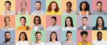 Set Of Diverse Human Portraits On Different Colored Backgrounds, Collage