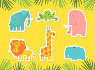 Sticker - Cute African Animals Stickers Set, Giraffe, Rhino, Snake, Camel, Elephant Cute Mammals in Savannah Cartoon Vector Illustration