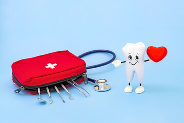 a cartoon model of a tooth with a heart in its hands and a first aid kit with dental instruments on a blue background. Love of oral hygiene