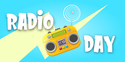 World radio day horizontal banner with vintage old orange cassette stereo player isolated on blue background. Cartoon funky hipster Radio day banner or poster