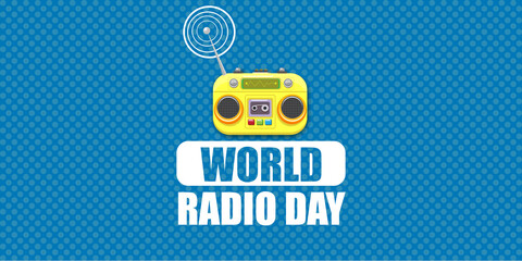 World radio day horizontal banner with vintage old orange cassette stereo player isolated on blue background. Cartoon funky hipster Radio day banner or poster