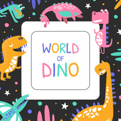 Poster - World of Dino Banner Template, Cover, Poster, Invitation Card, Flyer Design with Prehistoric Creatures Cartoon Vector Illustration