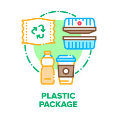 Sticker - Plastic Package Vector Icon Concept. Package For Transportation And Storaging Food And Drinks, Bottle And Cup, Recycling Bag And Plate Container. Box For Product And Beverage Color Illustration