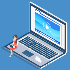 Poster - Video tutorial concept. Businesswoman presses play button watching a webinar. E-learning, video stream. A girl sitting with a laptop, chatting in social media. Student is studying online with computer