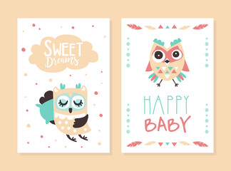 Canvas Print - Happy Baby Sweet Dreams Cards Templates Set with Cute Hand Drawn Owlets, Cover, Poster, Greeting or Invitation Card, Flyer Design with Funny Colorful Owls Vector Illustration