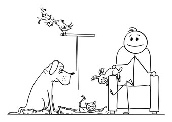 Canvas Print - Happy man enjoying sitting in chair with his pets dog, bunny,bird and cat around, vector cartoon stick figure or character illustration.