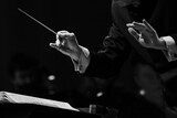 Fototapeta  -  Hands of a conductor of a symphony orchestra close-up in black and white