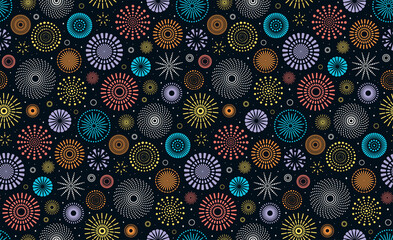 Colorful fireworks in night sky seamless pattern, bright on dark blue background. Flat style vector illustration. Abstract geometric design. Concept for festive wallpaper, wrapping paper, backdrop.