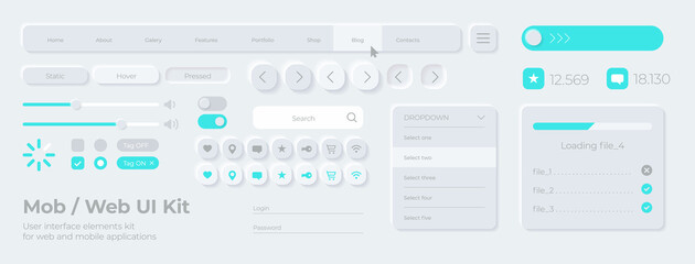 Fototapete - Vector UI UX kit for mobile applications, web and social media. Universal user interface template with realistic design, tools and buttons. Neumorphism icons and control elements on light background.