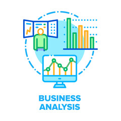 Poster - Business Analysis Market Vector Icon Concept. Manager Analysis Trademarket On Computer Screen And Researching Profit And Expenses Infographic, Businessman Analyzing Financial Chart Color Illustration
