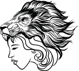 Wall Mural - Old school tattoo.comic halftone and pop art style.Women in mask of a lion and flower, Hand drawn vector