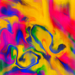 Poster - Abstract wavy vibrant facture. Splashed liquid paints. Psychedelic trippy effect. Distortion. Creative graphic design. Colorful artistic illustration. Digital art. Cover for music album. 