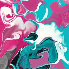 Poster - Abstract wavy vibrant facture. Splashed liquid paints. Psychedelic trippy effect. Distortion. Creative graphic design. Colorful artistic illustration. Digital art. Cover for music album. 