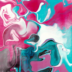 Poster - Abstract wavy vibrant facture. Splashed liquid paints. Psychedelic trippy effect. Distortion. Creative graphic design. Colorful artistic illustration. Digital art. Cover for music album. 