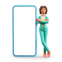 3D Illustration Of Smiling African American Woman Leaning Against The Big Phone With Blank Screen. Cartoon Standing Elegant Businesswoman And Giant Smartphone, Isolated On White.