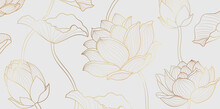 Gold Lotus Line Pattern. Golden Design With Lotus Flower And Leaves On White Background. Vector Illustration.