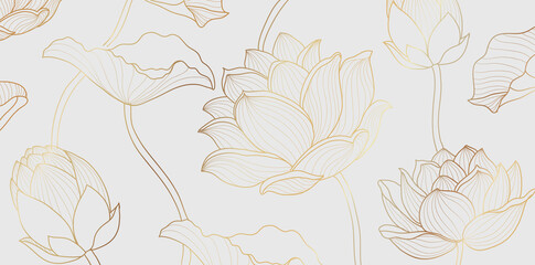 Gold lotus line pattern. Golden design with lotus flower and leaves on white background. Vector illustration.