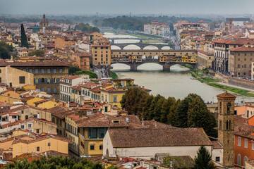 Wall Mural - Aerial view of Florence, Italy. Ponte Vecchio (Old Bridge) and other bridges over the Arno River.