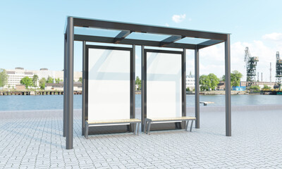 Sticker - 3d rendering illustration of a realistic mockup of a bus waiting area near the road