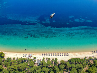 Aerial view over Koukounaries beach in Skiathos island, Sporades, Magnesia, Greece