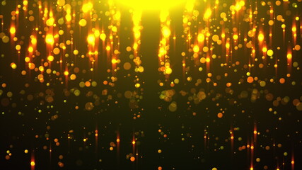 Poster - Golden rain. Round blinks melt in rays of light, 3D rendering. Computer generated beautiful backdrop