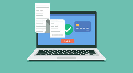 Poster - laptop computer with electronic receipt or financial transaction, online payment confirmation with credit card, vector flat illustration