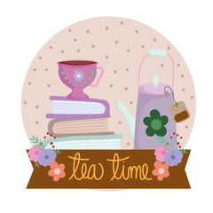 Wall Mural - Tea time, kettle teabag cup on stack of books, floral decoration