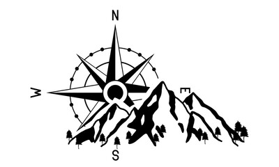 Mountains Trees Compass Tattoo Design. Adventure and travel background illustration.