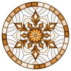 Wall Mural - Illustration in stained glass style with an openwork snowflake ,round image in a bright frame, tone brown, sepia