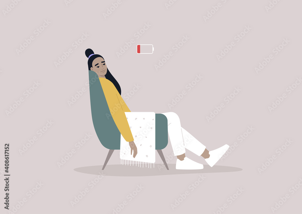 A young female Asian exhausted character sitting in a chair with a low battery indicator above - obrazy, fototapety, plakaty 