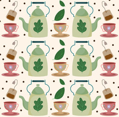 Wall Mural - Tea time teapots teacups teabags beverage herbal leaves background