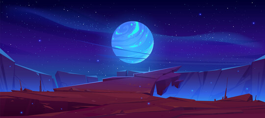Poster - alien planet surface, futuristic landscape background with glowing moon or satellite above rock clif