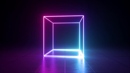 Wall Mural - loop animation of virtual neon light glowing cube spins and rotates, changes colors