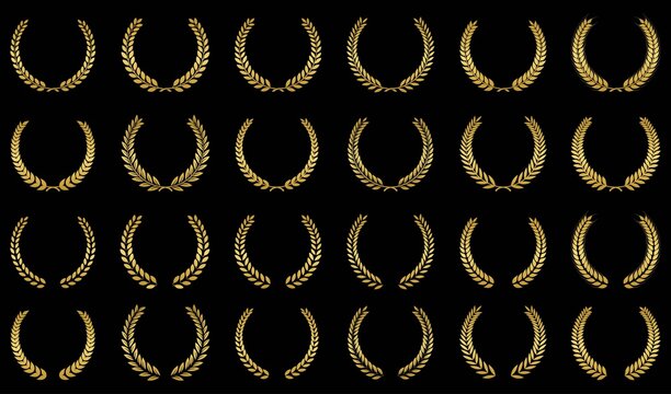 Golden laurel wreath isolated on white background, depicting an award, achievement, heraldry, nobility, Emblem floral greek branch flat style 