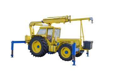 Wall Mural - yellow tractor with telescopic boom on supports isolated on white background