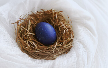 One Blue Easter egg in paper nest on white fabric. Minimal style