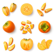 Set Of Fresh Whole, Half And Sliced Persimmon Fruit