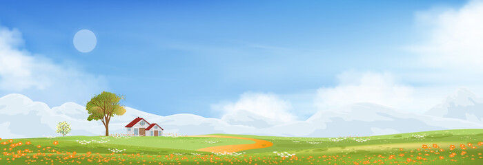 spring landscape in countryside with farmhous green meadow on hills with blue sky, vector summer or 