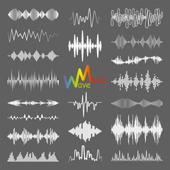 Wall Mural - White sound waves logo collection with audio symbols. Modern music equalizer elements set. Digital flat isolated illustration. Jpeg waveform technology