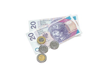 Polish money zloty, coins and banknotes isolated on white background.