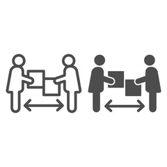 Poster - Two people with boxes and distance arrow line and solid icon, Corona downturn concept, contactless delivery sign on white background, Courier with box at distance from client icon in outline style.