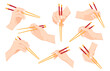 Set of Hand holding chopsticks Vector illustration