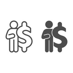 Poster - Dollar and man line and solid icon, Corona downturn concept, Businessman standing near dollar sign on white background, Person with money symbol in outline style for mobile and web. Vector graphics.