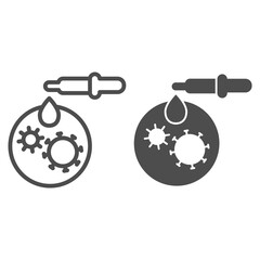 Poster - Pipette with drop and bacteria line and solid icon, Corona downturn concept, Covid-19 Analysis sign on white background, Pipette and Petri dish icon in outline style for mobile. Vector graphics.
