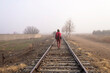 © Cavan Images - Rear view of a woman with scarf walking on a rail road