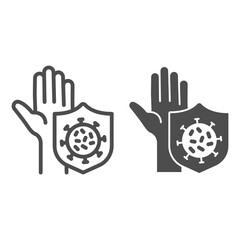 Poster - Hand and shield with covid-19 cell line and solid icon, Corona downturn concept, emblem of protection against virus sign on white background, Palm with antivirus shield icon in outline style. Vector.