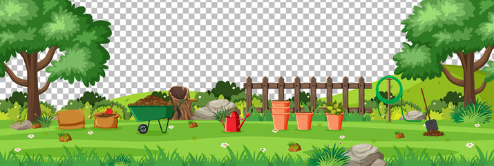 Wall Mural - Blank nature garden with garden tools scene landscape on transparent background