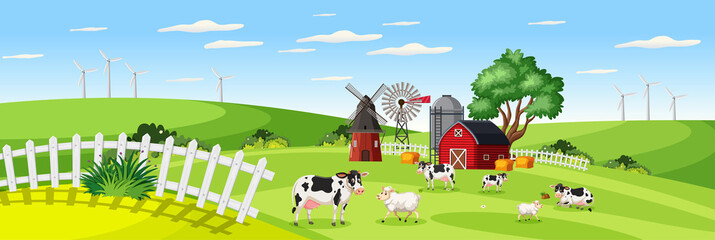 Poster - Farm landscape with animal farm in field and red barn in summer season